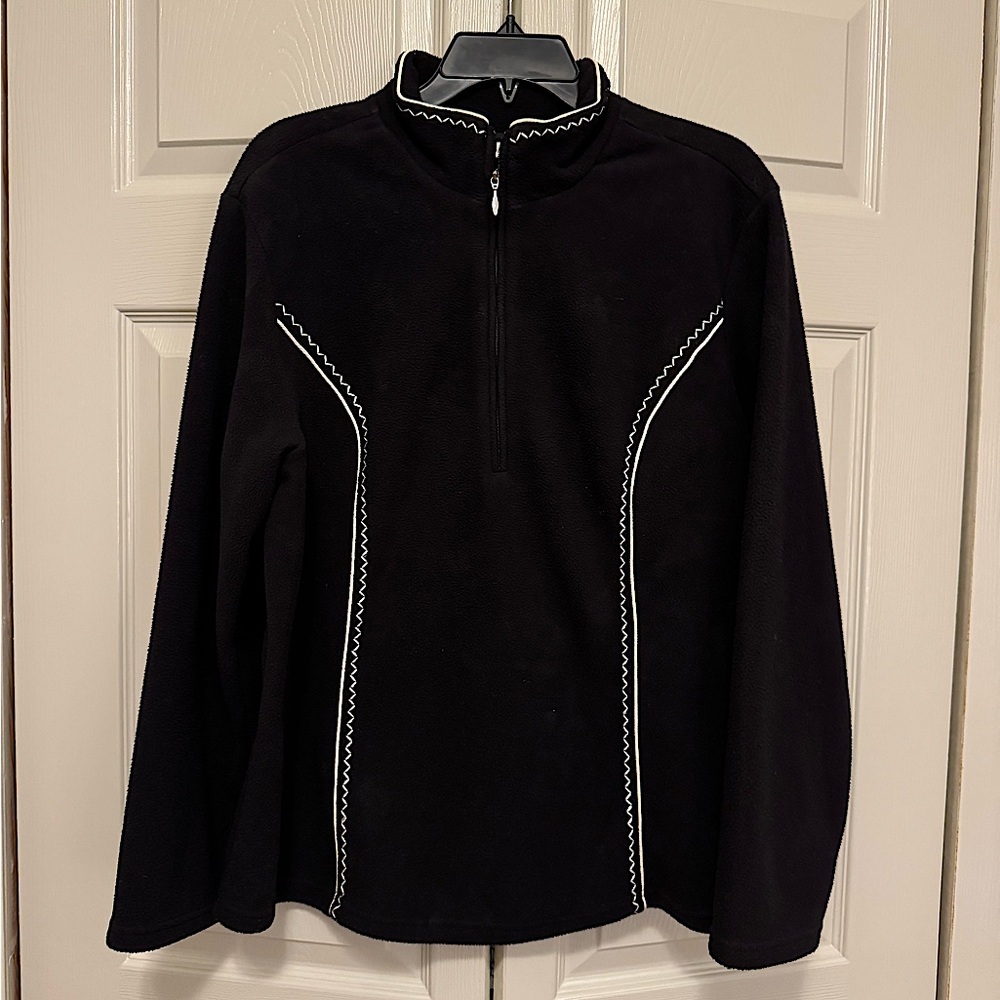 Coldwater Creek Vintage Quarter Zip Black Fleece Pullover with White Embroidery